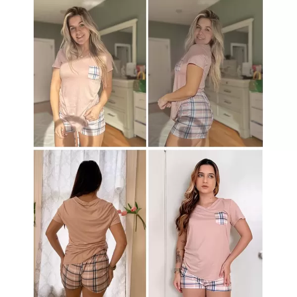imageEkouaer Womens Pajama Sets Short Sleeve Pajamas for Women Sets Soft Lounge Sets Casual V Neck Sleepwear PJSPink Plaid