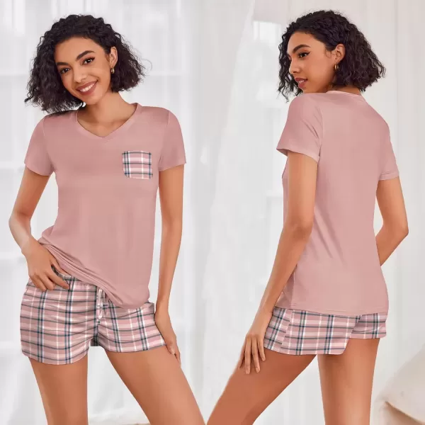 imageEkouaer Womens Pajama Sets Short Sleeve Pajamas for Women Sets Soft Lounge Sets Casual V Neck Sleepwear PJSPink Plaid