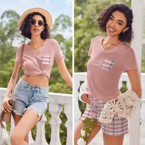 imageEkouaer Womens Pajama Sets Short Sleeve Pajamas for Women Sets Soft Lounge Sets Casual V Neck Sleepwear PJSPink Plaid