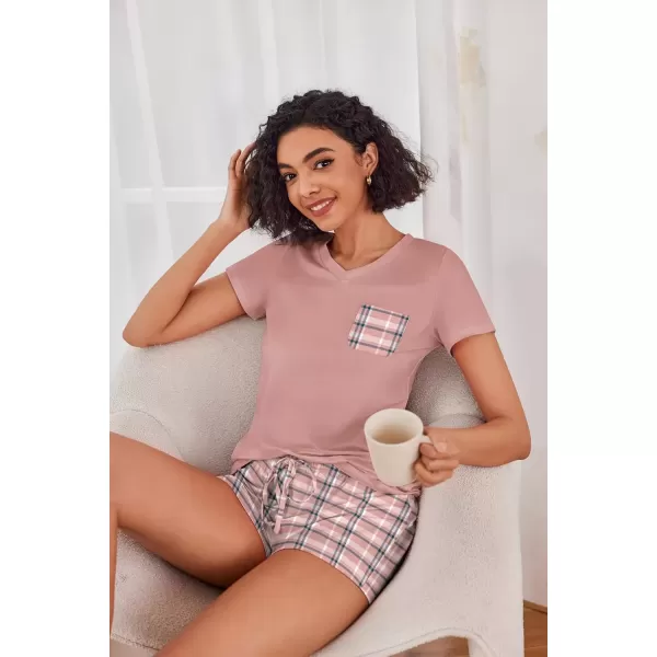 imageEkouaer Womens Pajama Sets Short Sleeve Pajamas for Women Sets Soft Lounge Sets Casual V Neck Sleepwear PJSPink Plaid