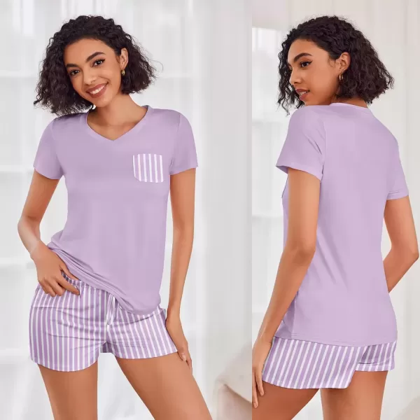imageEkouaer Womens Pajama Sets Short Sleeve Pajamas for Women Sets Soft Lounge Sets Casual V Neck Sleepwear PJSPurple Stripes