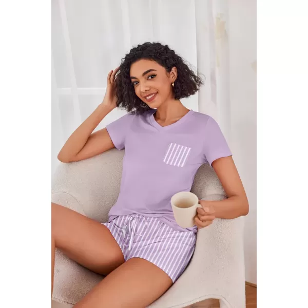 imageEkouaer Womens Pajama Sets Short Sleeve Pajamas for Women Sets Soft Lounge Sets Casual V Neck Sleepwear PJSPurple Stripes