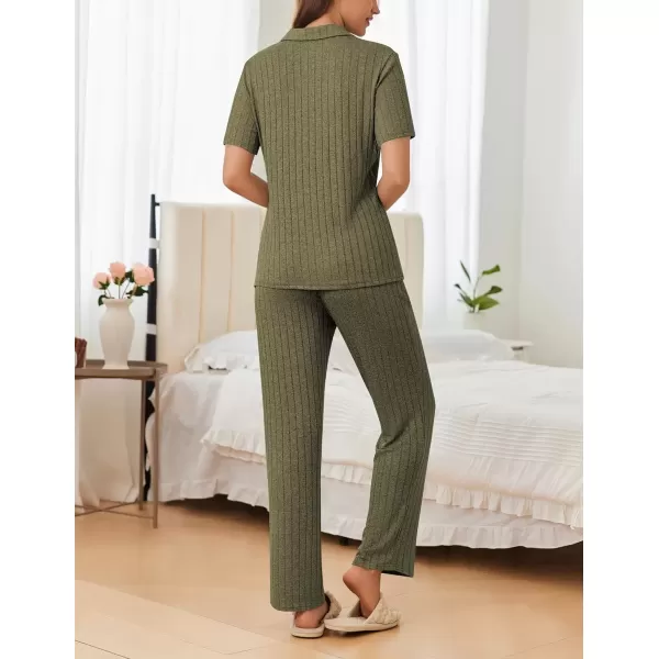 imageEkouaer Womens Rib Knit Pajamas Button Up Lounge Sets Short Sleeve Top and Long Pants Matching Pjs Sleepwear LoungewearArmy Green