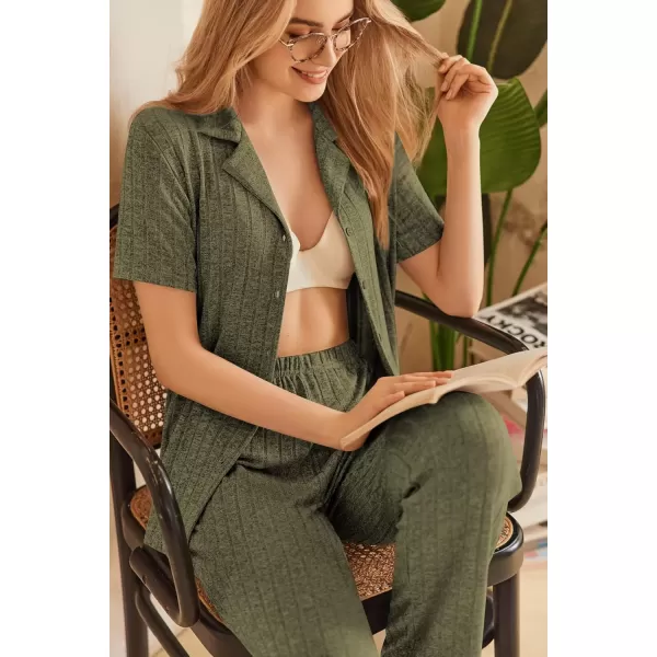 imageEkouaer Womens Rib Knit Pajamas Button Up Lounge Sets Short Sleeve Top and Long Pants Matching Pjs Sleepwear LoungewearArmy Green