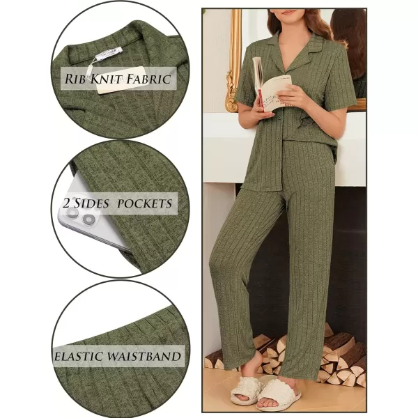 imageEkouaer Womens Rib Knit Pajamas Button Up Lounge Sets Short Sleeve Top and Long Pants Matching Pjs Sleepwear LoungewearArmy Green