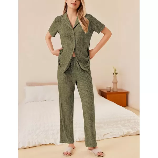 imageEkouaer Womens Rib Knit Pajamas Button Up Lounge Sets Short Sleeve Top and Long Pants Matching Pjs Sleepwear LoungewearArmy Green