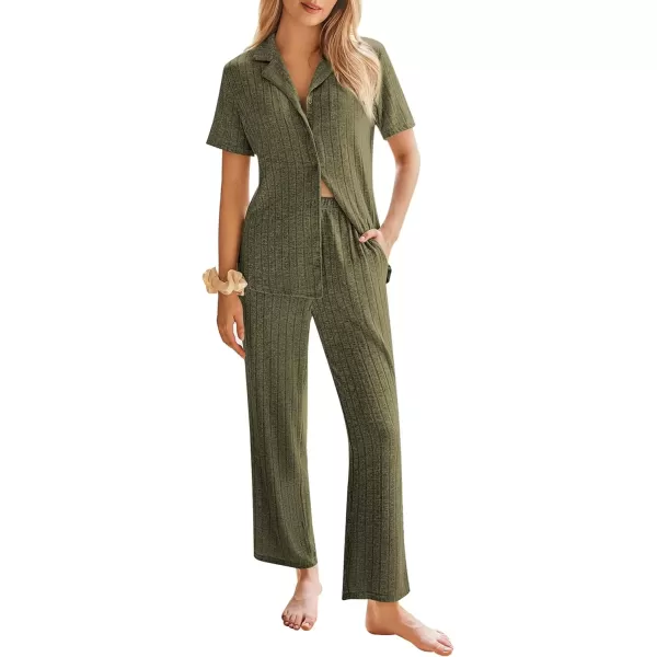 imageEkouaer Womens Rib Knit Pajamas Button Up Lounge Sets Short Sleeve Top and Long Pants Matching Pjs Sleepwear LoungewearArmy Green