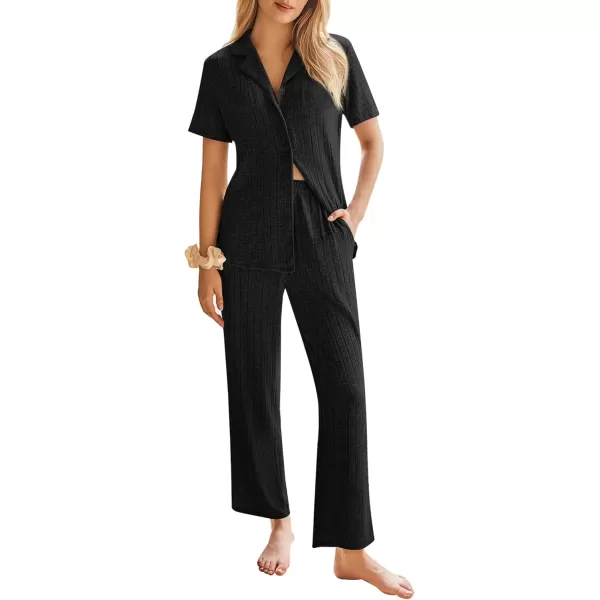 imageEkouaer Womens Rib Knit Pajamas Button Up Lounge Sets Short Sleeve Top and Long Pants Matching Pjs Sleepwear LoungewearBlack