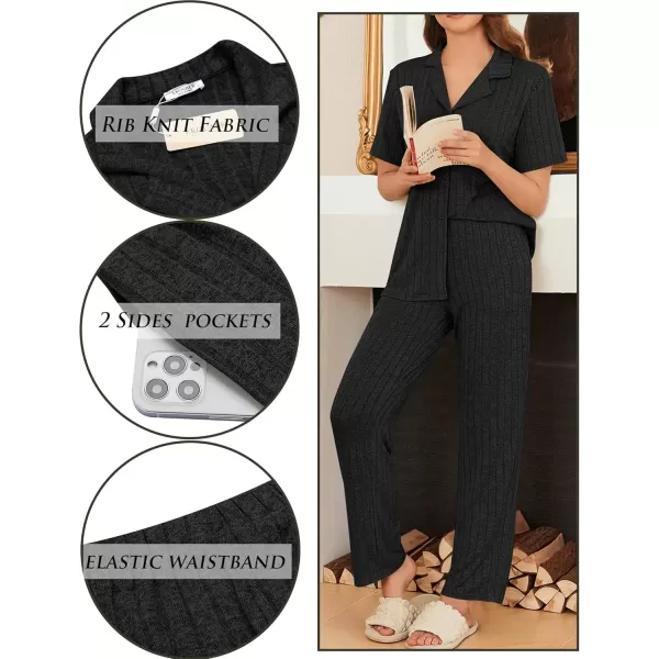 imageEkouaer Womens Rib Knit Pajamas Button Up Lounge Sets Short Sleeve Top and Long Pants Matching Pjs Sleepwear LoungewearBlack