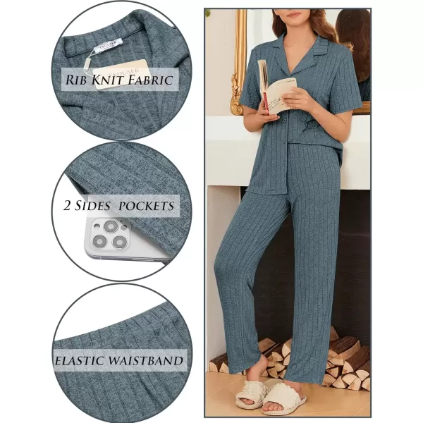 imageEkouaer Womens Rib Knit Pajamas Button Up Lounge Sets Short Sleeve Top and Long Pants Matching Pjs Sleepwear LoungewearBlue and Green