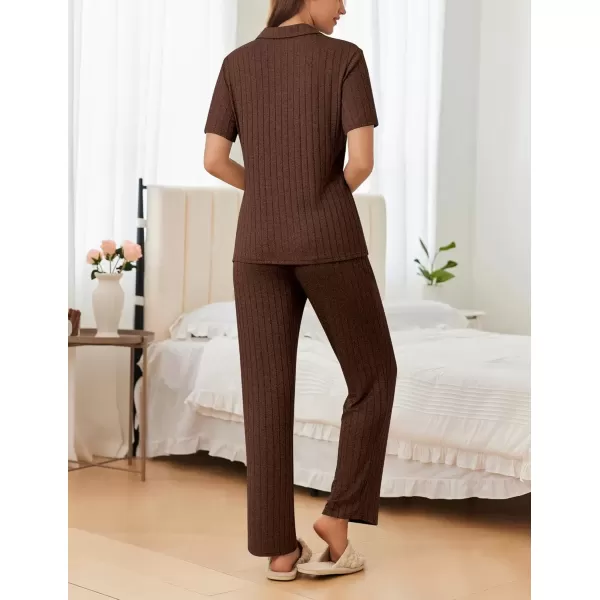 imageEkouaer Womens Rib Knit Pajamas Button Up Lounge Sets Short Sleeve Top and Long Pants Matching Pjs Sleepwear LoungewearBrown