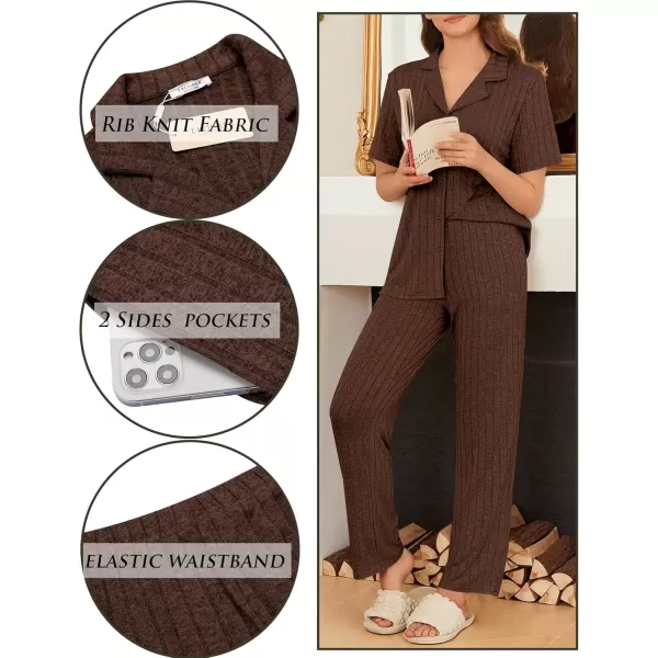 imageEkouaer Womens Rib Knit Pajamas Button Up Lounge Sets Short Sleeve Top and Long Pants Matching Pjs Sleepwear LoungewearBrown