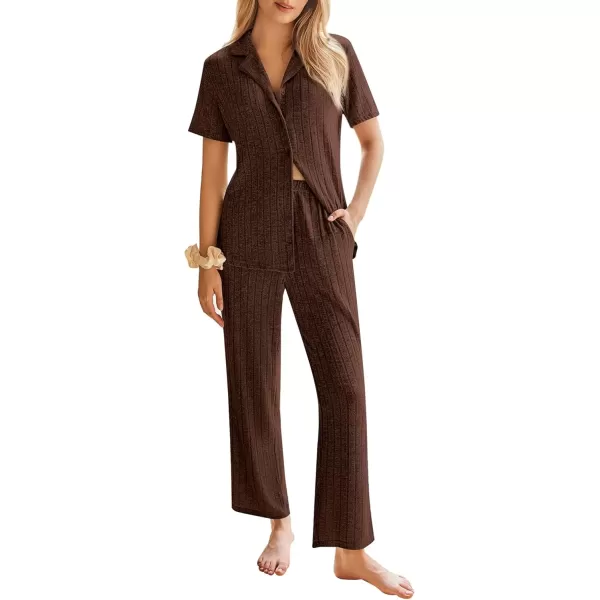 imageEkouaer Womens Rib Knit Pajamas Button Up Lounge Sets Short Sleeve Top and Long Pants Matching Pjs Sleepwear LoungewearBrown