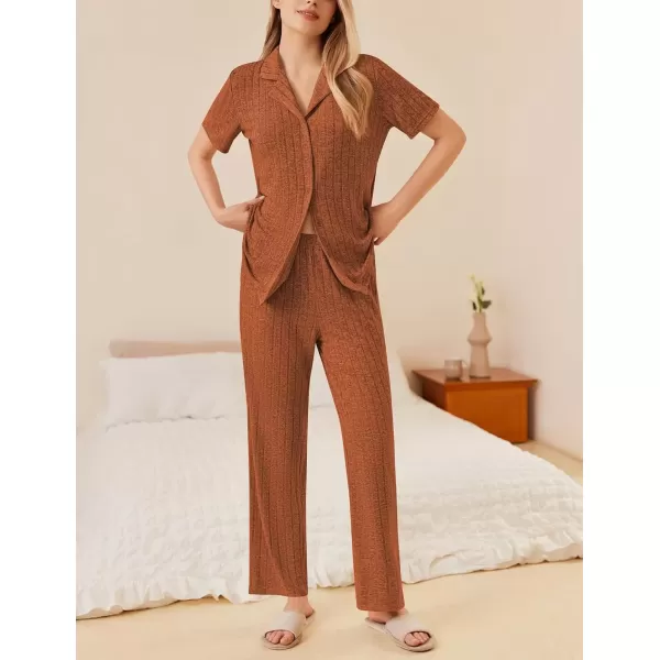 imageEkouaer Womens Rib Knit Pajamas Button Up Lounge Sets Short Sleeve Top and Long Pants Matching Pjs Sleepwear LoungewearChocolate