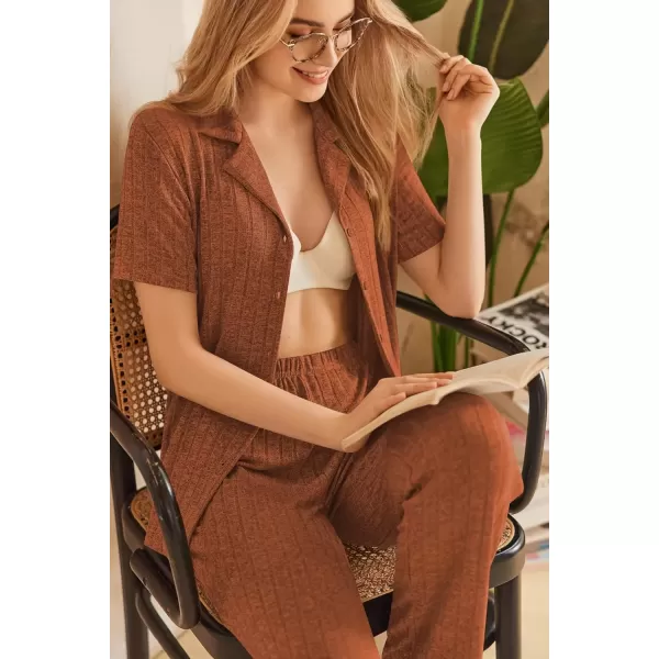 imageEkouaer Womens Rib Knit Pajamas Button Up Lounge Sets Short Sleeve Top and Long Pants Matching Pjs Sleepwear LoungewearChocolate