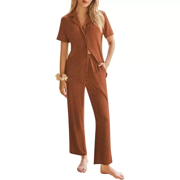 imageEkouaer Womens Rib Knit Pajamas Button Up Lounge Sets Short Sleeve Top and Long Pants Matching Pjs Sleepwear LoungewearChocolate