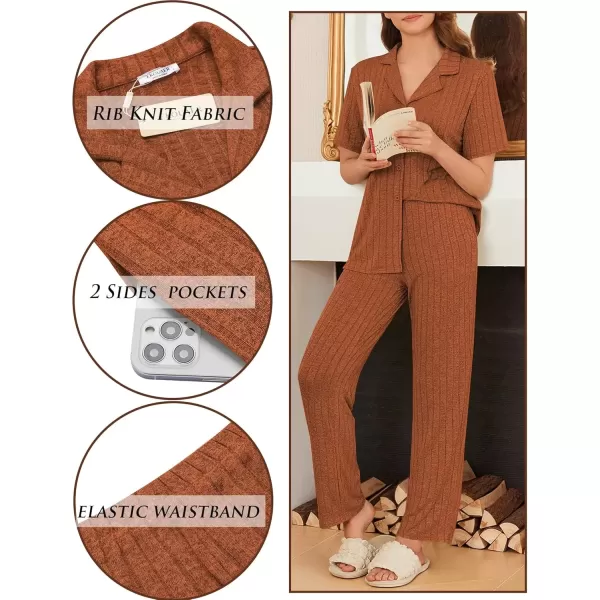 imageEkouaer Womens Rib Knit Pajamas Button Up Lounge Sets Short Sleeve Top and Long Pants Matching Pjs Sleepwear LoungewearChocolate