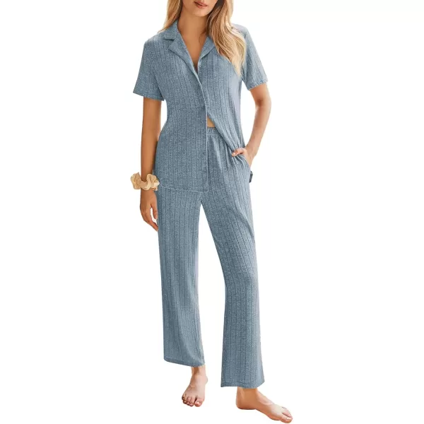 imageEkouaer Womens Rib Knit Pajamas Button Up Lounge Sets Short Sleeve Top and Long Pants Matching Pjs Sleepwear LoungewearClear Blue