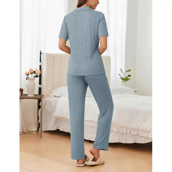 imageEkouaer Womens Rib Knit Pajamas Button Up Lounge Sets Short Sleeve Top and Long Pants Matching Pjs Sleepwear LoungewearClear Blue