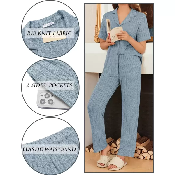 imageEkouaer Womens Rib Knit Pajamas Button Up Lounge Sets Short Sleeve Top and Long Pants Matching Pjs Sleepwear LoungewearClear Blue