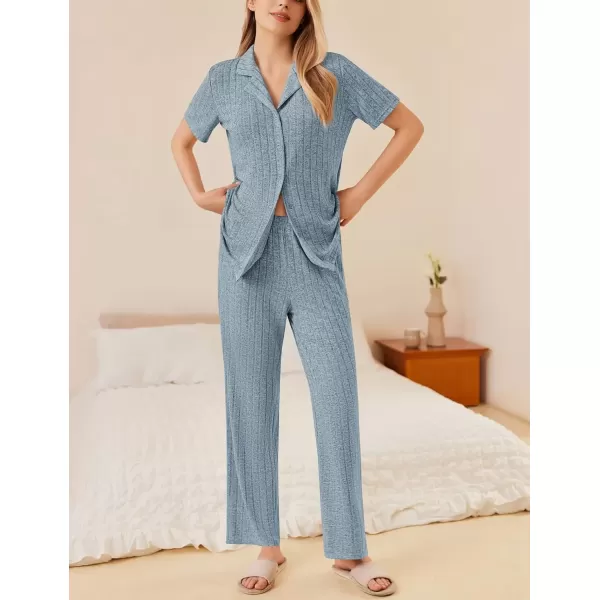 imageEkouaer Womens Rib Knit Pajamas Button Up Lounge Sets Short Sleeve Top and Long Pants Matching Pjs Sleepwear LoungewearClear Blue