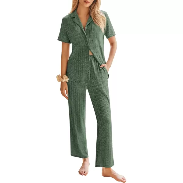 imageEkouaer Womens Rib Knit Pajamas Button Up Lounge Sets Short Sleeve Top and Long Pants Matching Pjs Sleepwear LoungewearGreen