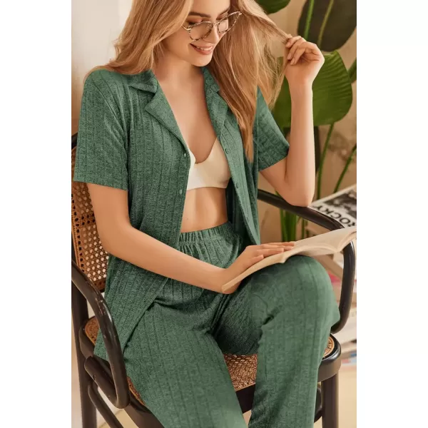 imageEkouaer Womens Rib Knit Pajamas Button Up Lounge Sets Short Sleeve Top and Long Pants Matching Pjs Sleepwear LoungewearGreen