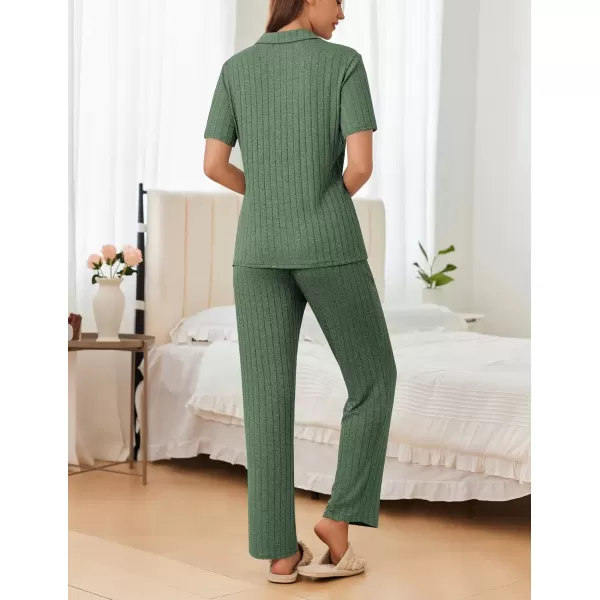 imageEkouaer Womens Rib Knit Pajamas Button Up Lounge Sets Short Sleeve Top and Long Pants Matching Pjs Sleepwear LoungewearGreen