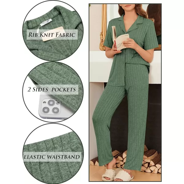 imageEkouaer Womens Rib Knit Pajamas Button Up Lounge Sets Short Sleeve Top and Long Pants Matching Pjs Sleepwear LoungewearGreen