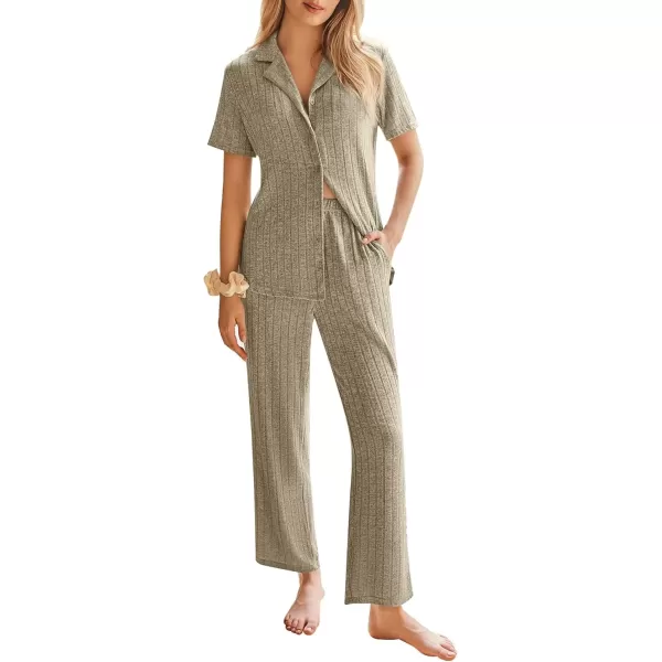 imageEkouaer Womens Rib Knit Pajamas Button Up Lounge Sets Short Sleeve Top and Long Pants Matching Pjs Sleepwear LoungewearKhaki