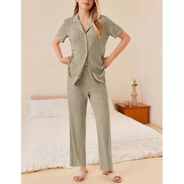 imageEkouaer Womens Rib Knit Pajamas Button Up Lounge Sets Short Sleeve Top and Long Pants Matching Pjs Sleepwear LoungewearKhaki