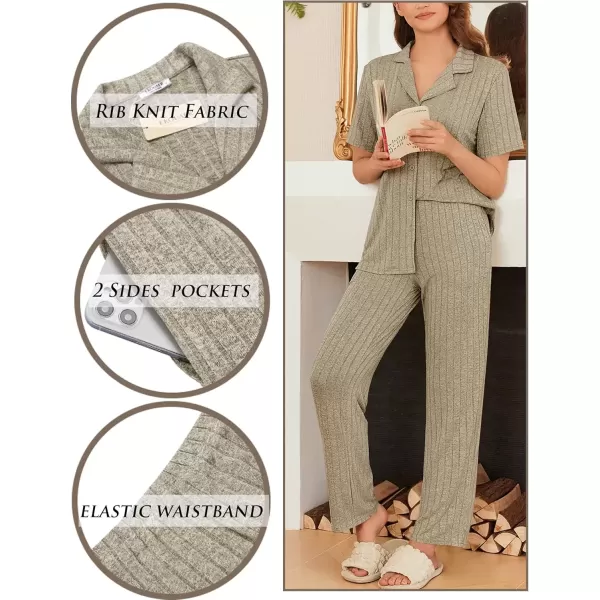 imageEkouaer Womens Rib Knit Pajamas Button Up Lounge Sets Short Sleeve Top and Long Pants Matching Pjs Sleepwear LoungewearKhaki