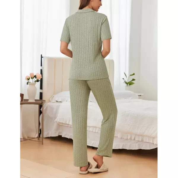 imageEkouaer Womens Rib Knit Pajamas Button Up Lounge Sets Short Sleeve Top and Long Pants Matching Pjs Sleepwear LoungewearLight Green