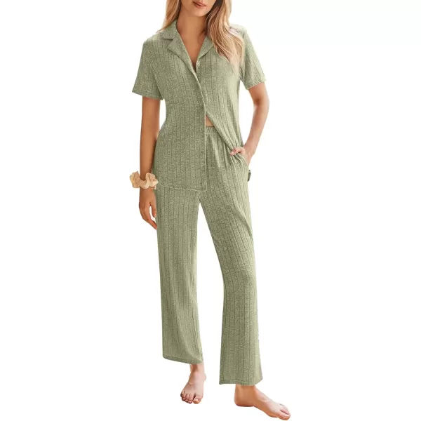 imageEkouaer Womens Rib Knit Pajamas Button Up Lounge Sets Short Sleeve Top and Long Pants Matching Pjs Sleepwear LoungewearLight Green