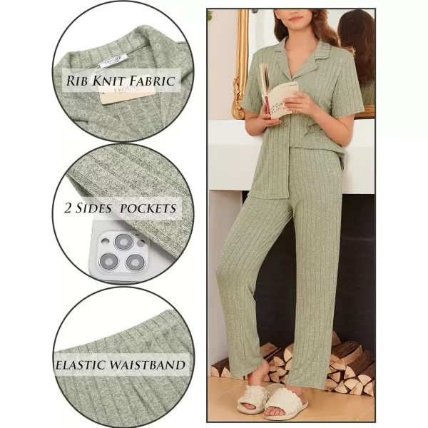 imageEkouaer Womens Rib Knit Pajamas Button Up Lounge Sets Short Sleeve Top and Long Pants Matching Pjs Sleepwear LoungewearLight Green