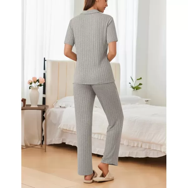 imageEkouaer Womens Rib Knit Pajamas Button Up Lounge Sets Short Sleeve Top and Long Pants Matching Pjs Sleepwear LoungewearLight Grey
