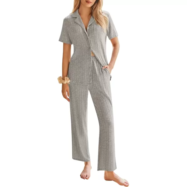 imageEkouaer Womens Rib Knit Pajamas Button Up Lounge Sets Short Sleeve Top and Long Pants Matching Pjs Sleepwear LoungewearLight Grey