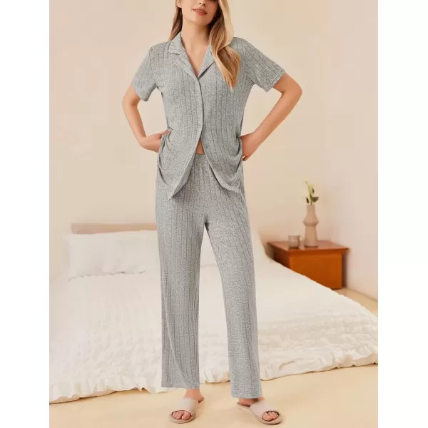 imageEkouaer Womens Rib Knit Pajamas Button Up Lounge Sets Short Sleeve Top and Long Pants Matching Pjs Sleepwear LoungewearLight Grey