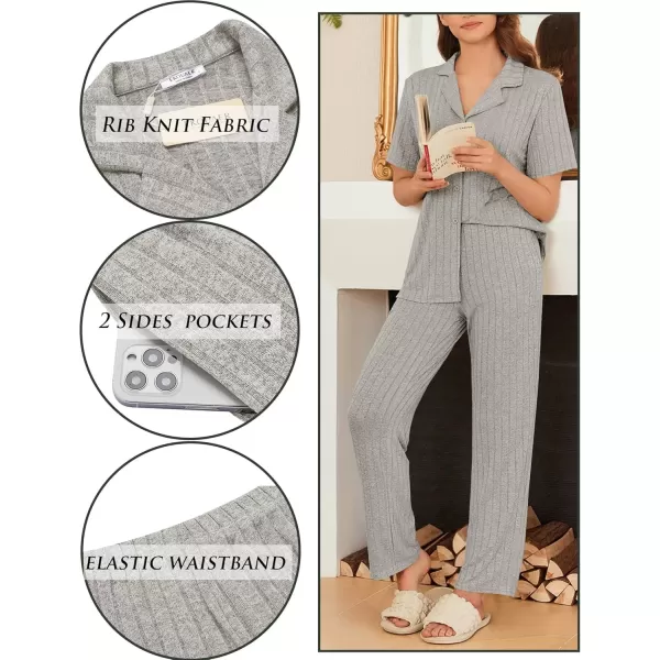 imageEkouaer Womens Rib Knit Pajamas Button Up Lounge Sets Short Sleeve Top and Long Pants Matching Pjs Sleepwear LoungewearLight Grey