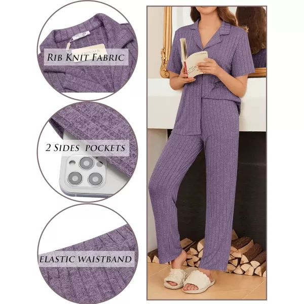 imageEkouaer Womens Rib Knit Pajamas Button Up Lounge Sets Short Sleeve Top and Long Pants Matching Pjs Sleepwear LoungewearLilac