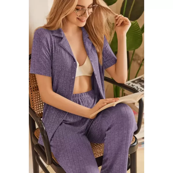 imageEkouaer Womens Rib Knit Pajamas Button Up Lounge Sets Short Sleeve Top and Long Pants Matching Pjs Sleepwear LoungewearLilac