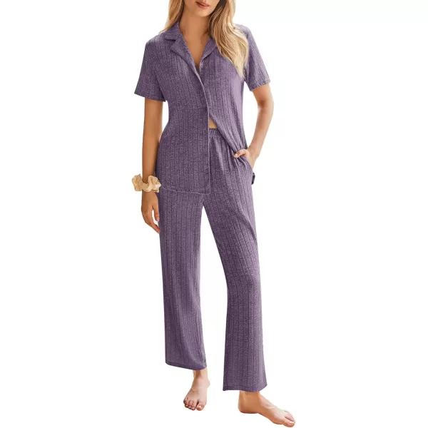 imageEkouaer Womens Rib Knit Pajamas Button Up Lounge Sets Short Sleeve Top and Long Pants Matching Pjs Sleepwear LoungewearLilac