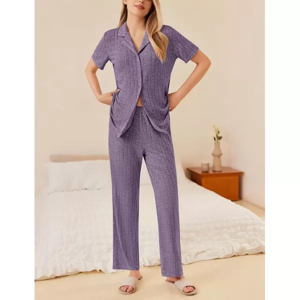 imageEkouaer Womens Rib Knit Pajamas Button Up Lounge Sets Short Sleeve Top and Long Pants Matching Pjs Sleepwear LoungewearLilac