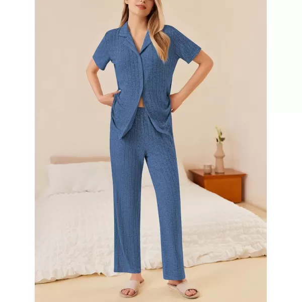 imageEkouaer Womens Rib Knit Pajamas Button Up Lounge Sets Short Sleeve Top and Long Pants Matching Pjs Sleepwear LoungewearNavy