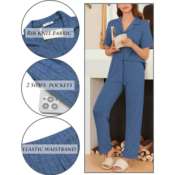 imageEkouaer Womens Rib Knit Pajamas Button Up Lounge Sets Short Sleeve Top and Long Pants Matching Pjs Sleepwear LoungewearNavy