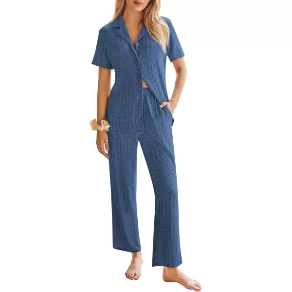 imageEkouaer Womens Rib Knit Pajamas Button Up Lounge Sets Short Sleeve Top and Long Pants Matching Pjs Sleepwear LoungewearNavy