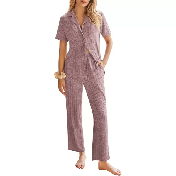 imageEkouaer Womens Rib Knit Pajamas Button Up Lounge Sets Short Sleeve Top and Long Pants Matching Pjs Sleepwear LoungewearPink