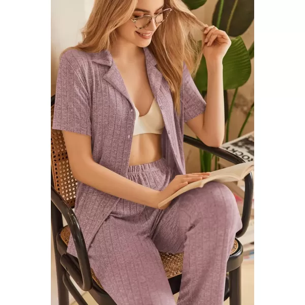 imageEkouaer Womens Rib Knit Pajamas Button Up Lounge Sets Short Sleeve Top and Long Pants Matching Pjs Sleepwear LoungewearPink