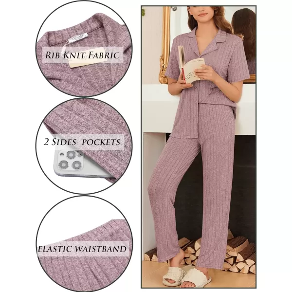 imageEkouaer Womens Rib Knit Pajamas Button Up Lounge Sets Short Sleeve Top and Long Pants Matching Pjs Sleepwear LoungewearPink