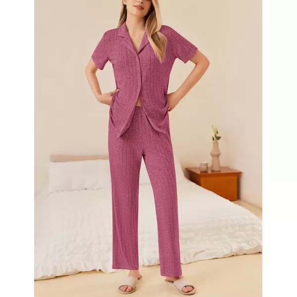 imageEkouaer Womens Rib Knit Pajamas Button Up Lounge Sets Short Sleeve Top and Long Pants Matching Pjs Sleepwear LoungewearRose Pink